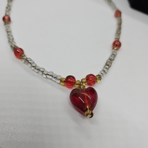 clear and red glass bead necklace with heart pendant - Picture 2 of 3